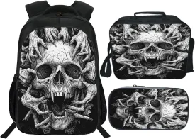 Skull Backpack Set for Boys Girls 3PCS Cool Horrible Gothic School Bag with Lunch Box Pencil Case Kids Backpacks Toddler Elementary Bookbag 16 Inch