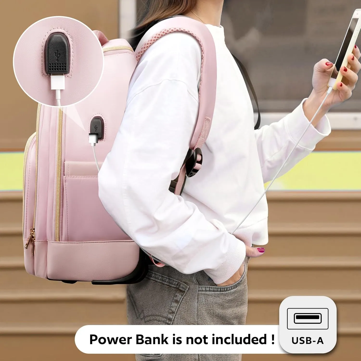 Small Rolling Backpack, 15.6 Inch Underseat Carry On Luggage With Wheels For Adults, Wheeled Backpack for Women, Travel Roller Bag, Pink