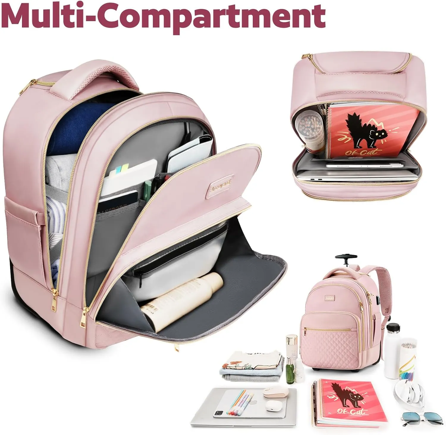 Small Rolling Backpack, 15.6 Inch Underseat Carry On Luggage With Wheels For Adults, Wheeled Backpack for Women, Travel Roller Bag, Pink