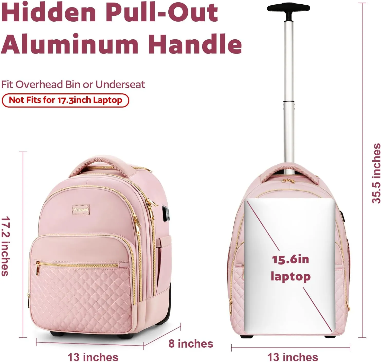 Small Rolling Backpack, 15.6 Inch Underseat Carry On Luggage With Wheels For Adults, Wheeled Backpack for Women, Travel Roller Bag, Pink