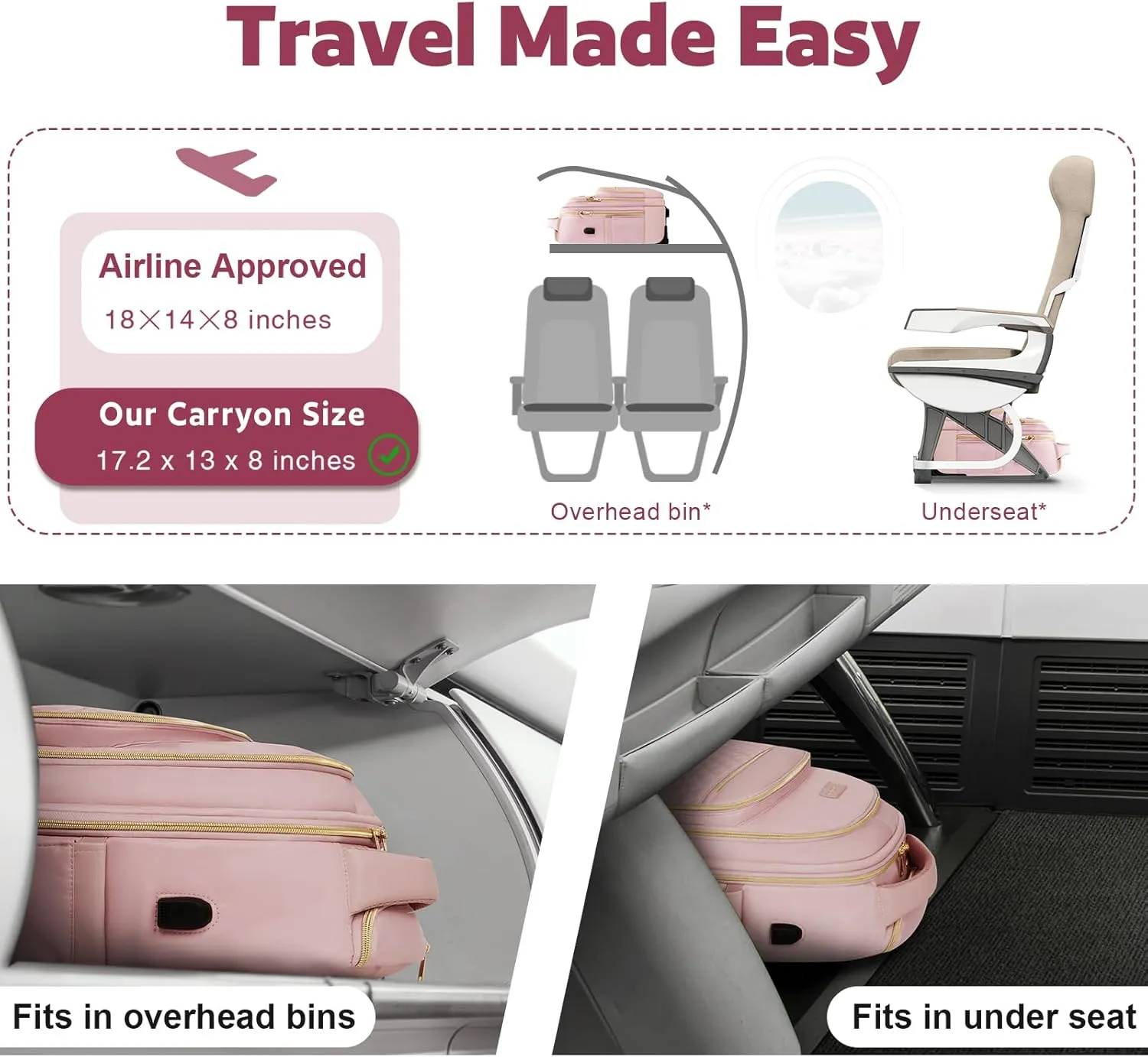 Small Rolling Backpack, 15.6 Inch Underseat Carry On Luggage With Wheels For Adults, Wheeled Backpack for Women, Travel Roller Bag, Pink