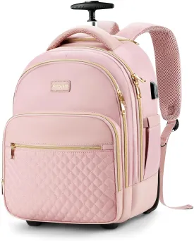 Small Rolling Backpack, 15.6 Inch Underseat Carry On Luggage With Wheels For Adults, Wheeled Backpack for Women, Travel Roller Bag, Pink