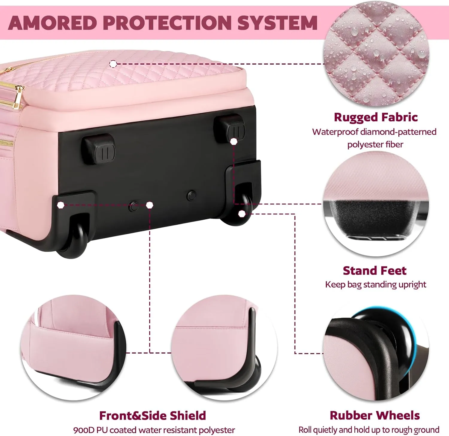 Small Rolling Backpack, 15.6 Inch Underseat Carry On Luggage With Wheels For Adults, Wheeled Backpack for Women, Travel Roller Bag, Pink