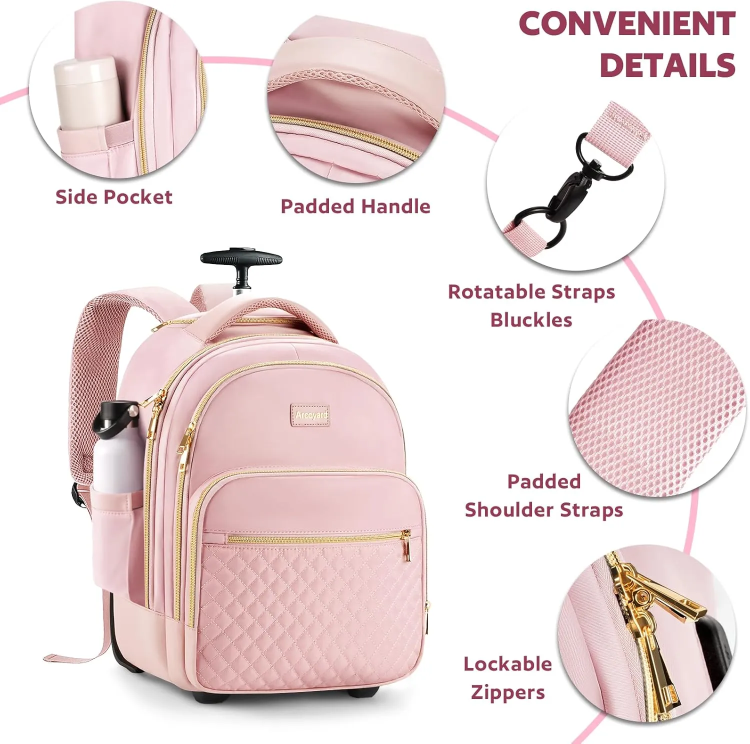 Small Rolling Backpack, 15.6 Inch Underseat Carry On Luggage With Wheels For Adults, Wheeled Backpack for Women, Travel Roller Bag, Pink