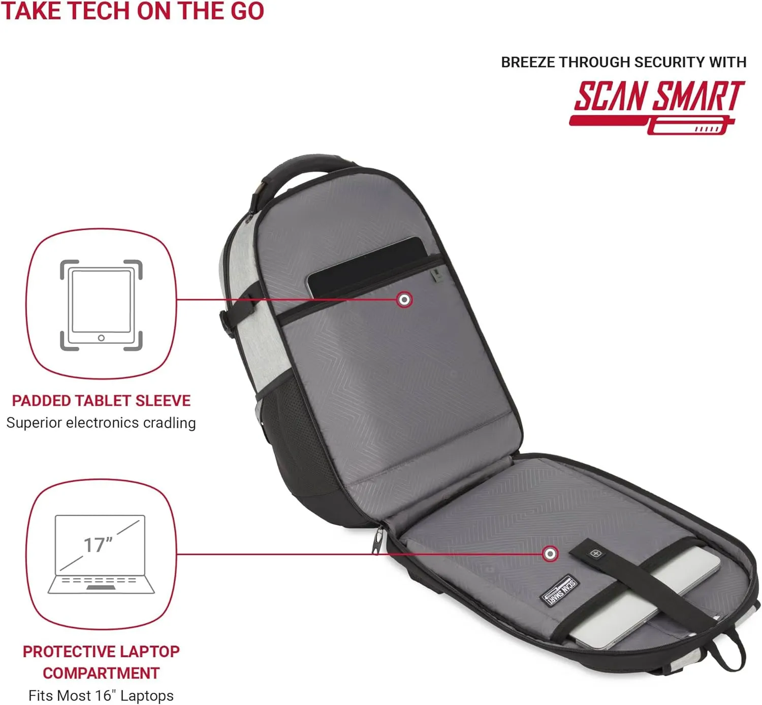 SwissGear Travel Tech Pro Laptop Backpack  Fits Laptops up to 16  ScanSmart TSA-Friendly Backpack with Multiple Organizer Pockets  Grey Heather