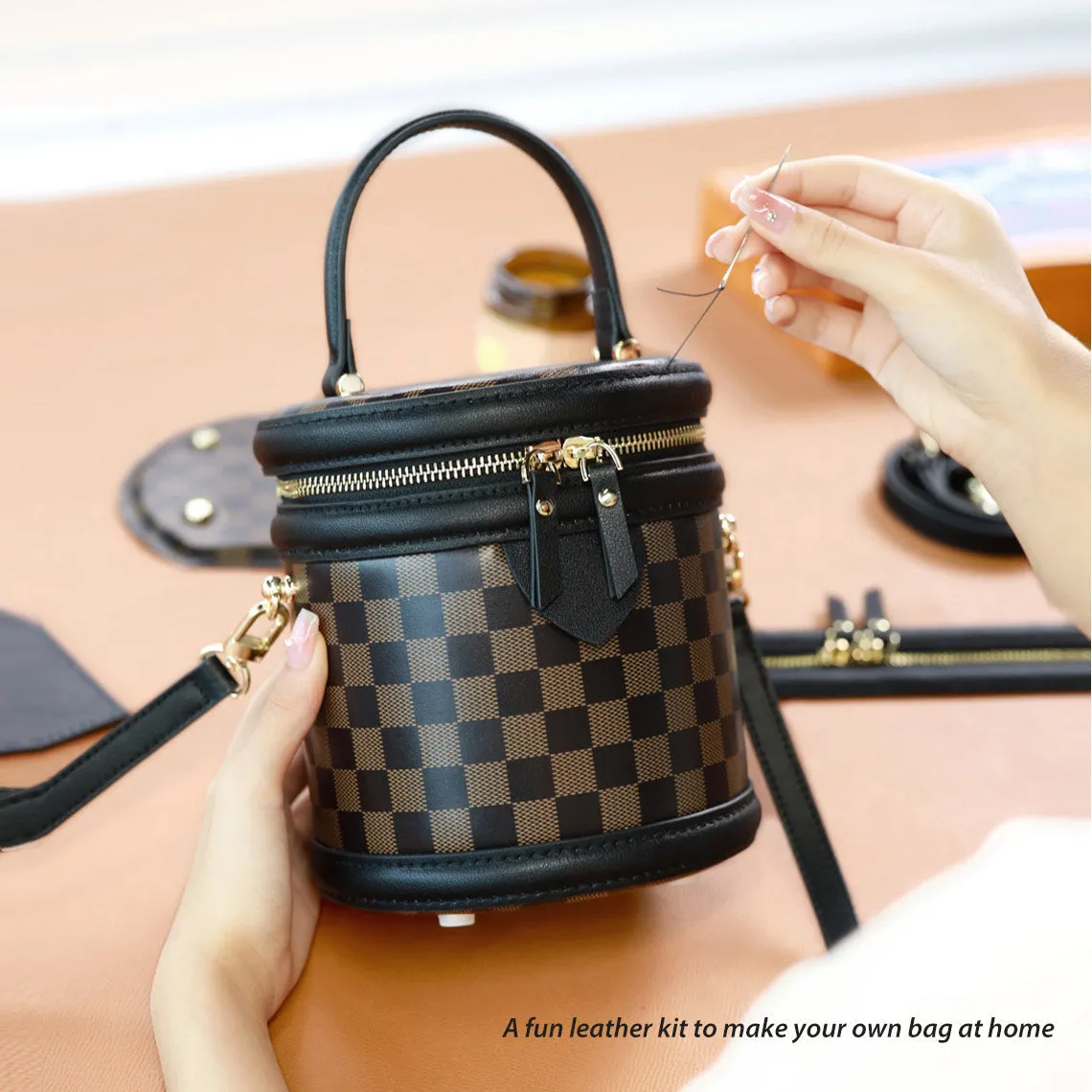 Top Grain Leather Checker Bucket Bag DIY Kits