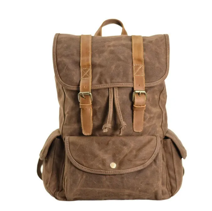 VINTAGE ART™ Groß Beutel Rucksack aus gewachste Canvas mit Leder für Damen & Herren. 15-Zoll