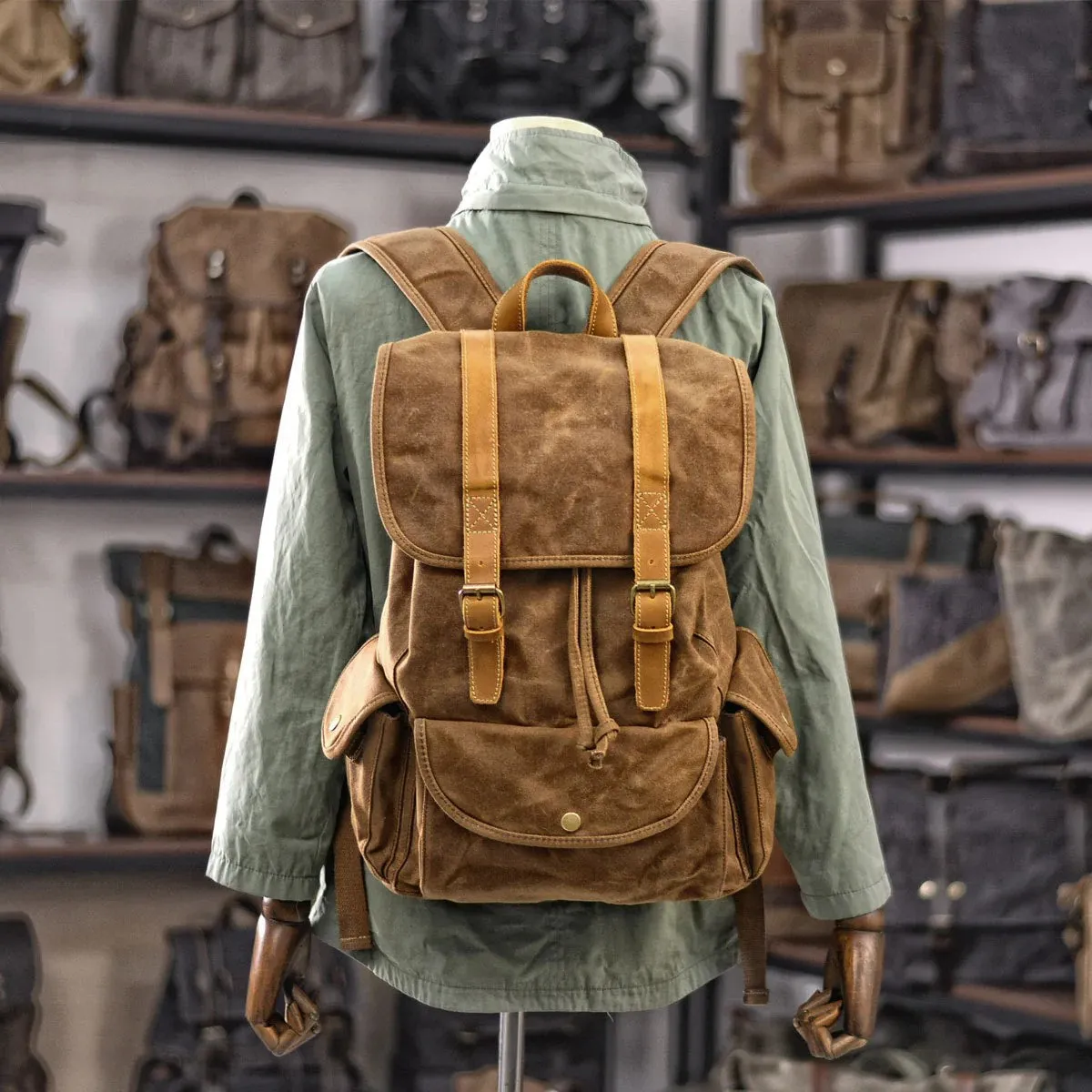 VINTAGE ART™ Groß Beutel Rucksack aus gewachste Canvas mit Leder für Damen & Herren. 15-Zoll