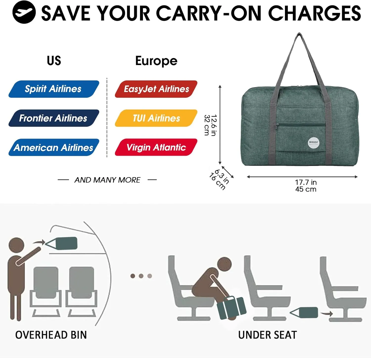 WANDF For Spirit Airlines Personal Item Bag 18x14x8 Travel Duffel Bag Underseat Foldable Carry-on Luggage for Women