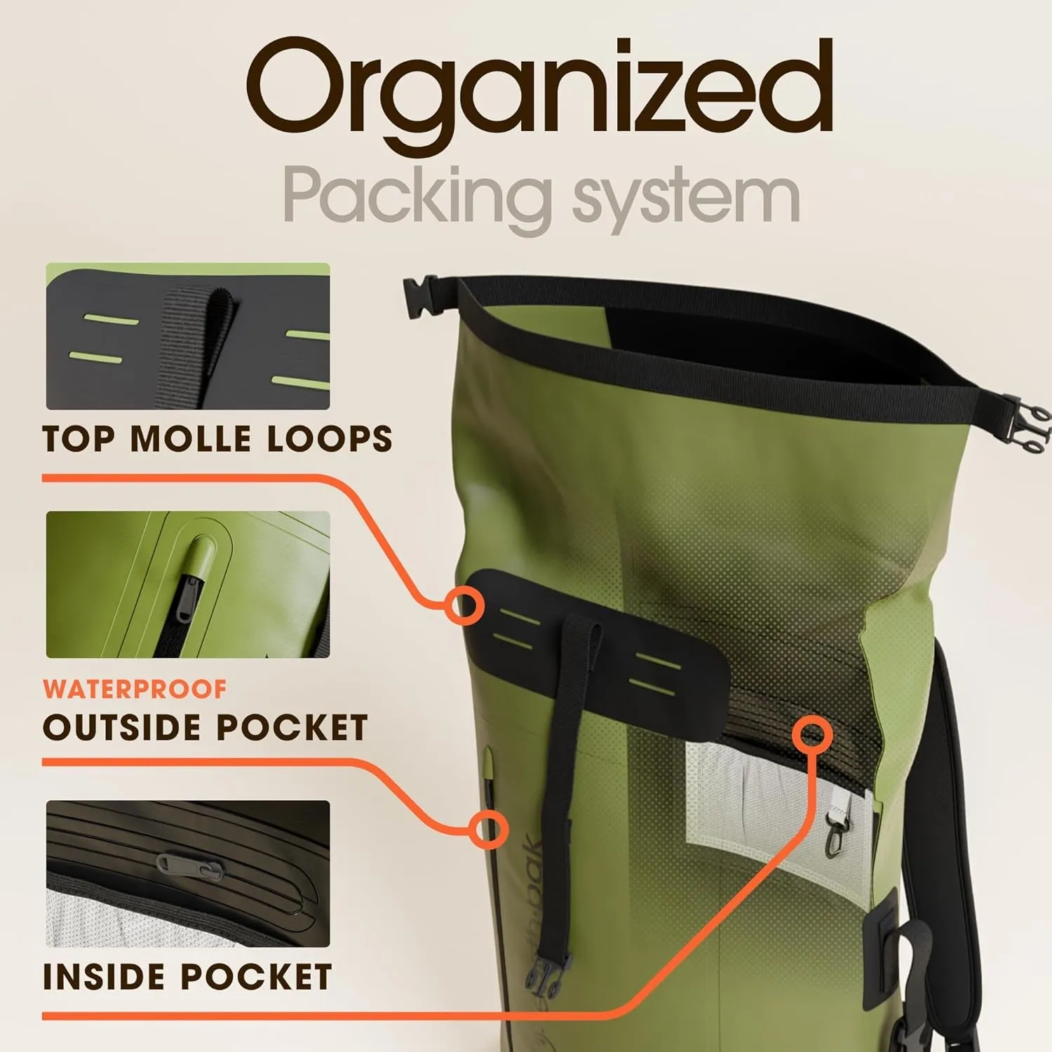 Waterproof Backpack - Heavy Duty Hiking Backpack - Roll-Top Closure
