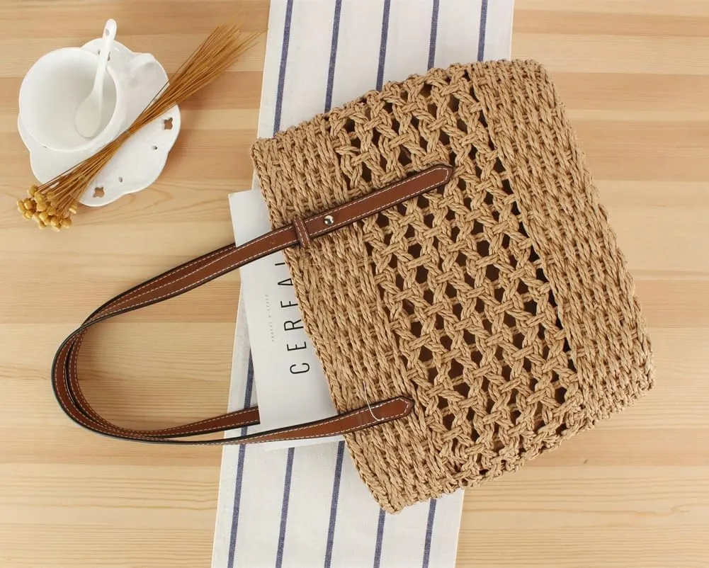 Womens Straw Tote Handbag - Summer Beach Bag with Top Handle - Handwoven Shoulder Bag - 2024