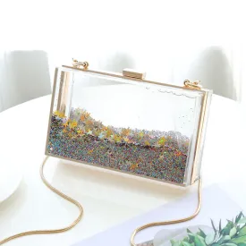 Womens Transparent Sequins Chain Clutch Evening Handbag Party Cross-body Purse